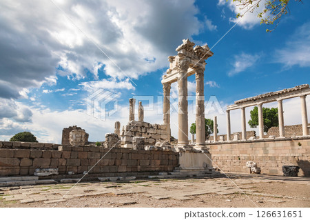 Temple of Trajan ruins with marble columns at Pergamon acropolis in Turkey Temple of Trajan ruins with marble columns at Pergamon acropolis in Turkey 126631651