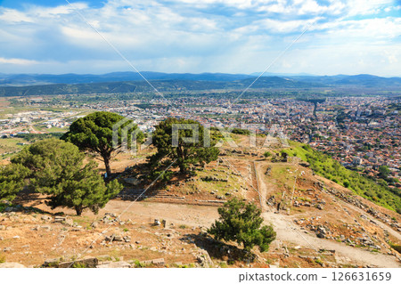 Foundations of the Pergamon Altar with panoramic view over Bergama city in Turkey Foundations of the Pergamon Altar with panoramic view over Bergama city in Turkey 126631659