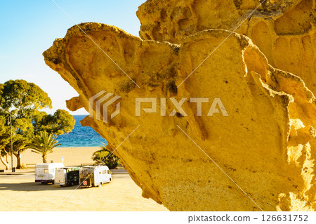 Camper car at rock formations Bolnuevo, Spain 126631752