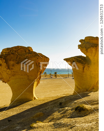 Eroded rock formations in Bolnuevo, Spain 126631753