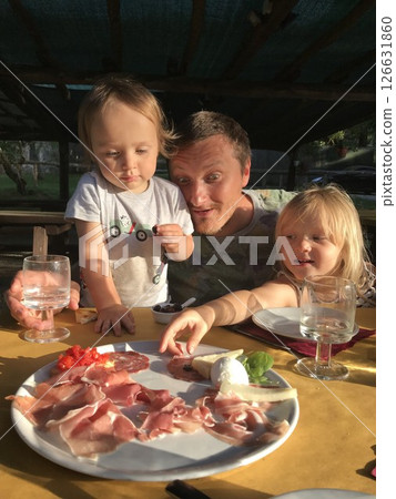 Family Enjoying Italian Antipasto at Outdoor Picnic 126631860