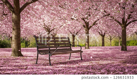 Empty park bench under blooming cherry blossom trees with pink petals covering the ground in spring 126631933