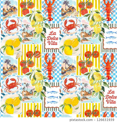 Trendy seamless summer tropical pattern featuring lemons on a branch, lobster, crab, tomatoes, and island palm trees. Set against a mix of checkered and striped backgrounds. Ideal for fashion, fabric 126631939