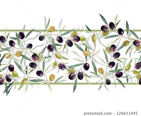 Hand-painted watercolor seamless pattern featuring horizontal olive branches with green and purple fruit. Perfect for kitchen textile, labels, packaging, wallpaper, and Mediterranean-inspired designs. 126631945