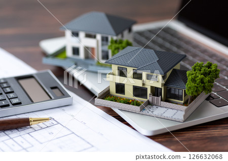 House model, blueprints, calculator and computer House model, blueprints, calculator and computer 126632068