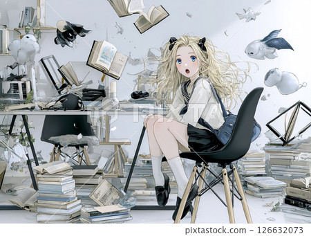 Illustration of the gravity fairy who yawned because he was bored with studying and things started floating 126632073