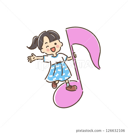 一個女孩騎在音符上揮舞著她的手 126632106