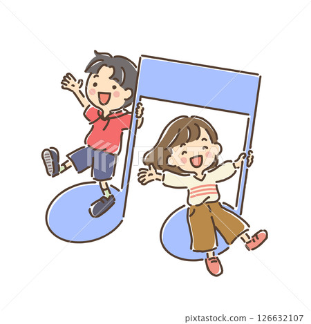 男孩和女孩伸出雙手站在音符上 126632107