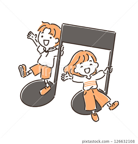 男孩和女孩伸出雙手站在音符上 男孩和女孩伸出雙手站在音符上 126632108