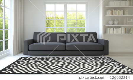 Modern minimalist living room with gray sofa and geometric rug 126632214