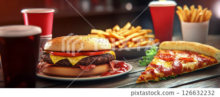 Delicious fast food meal featuring hamburger, fries, pizza, and drinks 126632232