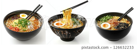 delicious bowl of ramen with noodles, egg, and toppings on white background delicious bowl of ramen with noodles, egg, and toppings on white background 126632233