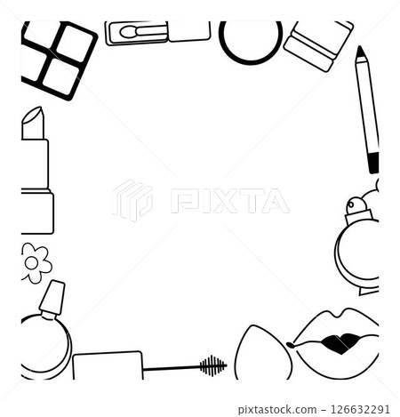 Cosmetics and accessories Makeup tools square frame template. Vector graphic line illustration. Hand drawn images blush mascara eyeshadow powder cream foundation brush. 126632291