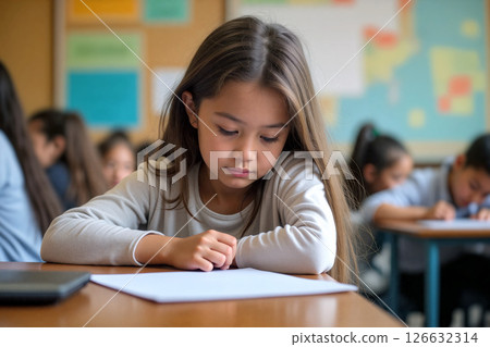 Young Student Focused on Her Assignment in a Classroom With Peers Engaged in Similar Activities 126632314