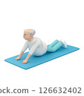 Old male character practicing flexibility exercises on a mat, 3d render  126632402