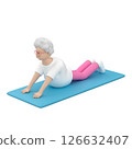 Old female character practicing flexibility exercises on mat, 3d render  126632407