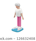 Elderly female character standing on scales and looking at her weight, 3d illustration  126632408
