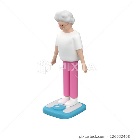 Elderly female character standing on scales and looking at her weight, 3d illustration  126632408
