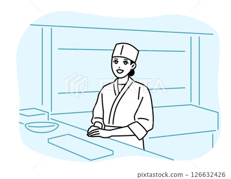 Female chef at the counter in a sushi restaurant Female chef at the counter in a sushi restaurant 126632426