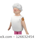 Senior female character with grey hair and bandage on her shoulder after vaccination, 3d render 126632454