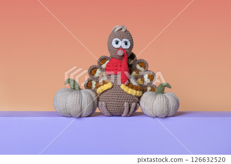 Knitted turkey toy and grey pumpkins on orange background and a purple table. Concept of Thanksgiving. Knitting toys for children, decorations for the holiday home, home creativity and entertainment Knitted turkey toy and grey pumpkins on orange background and a purple table. Concept of Thanksgiving. Knitting toys for children, decorations for the holiday home, home creativity and entertainment 126632520