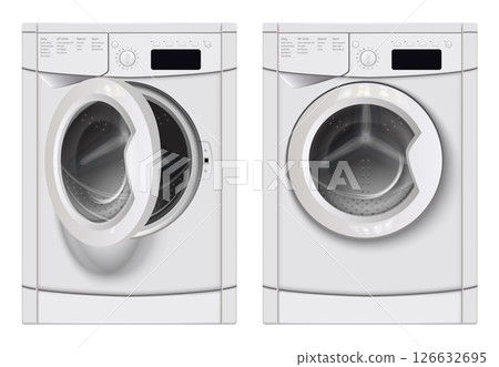 Realistic washing machine mockup set with isolated front views of laundry machines with closed and open door vector illustration 126632695