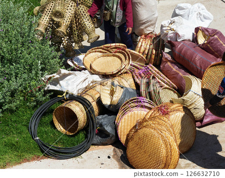 Many different wicker baskets and traditional wickerwork on the market. 126632710
