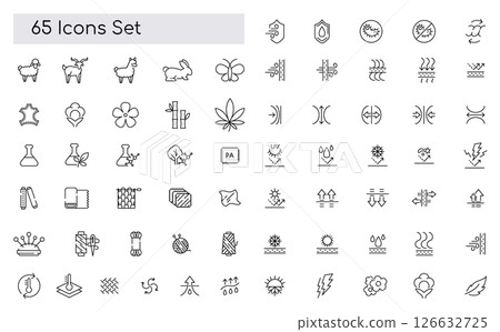Fabric material line icon set. Linen, leather, cotton, bamboo, cashmere, mohair minimal vector illustration. Simple outline sign for clothing textile feature. Pixel Perfect, Editable Stroke 126632725