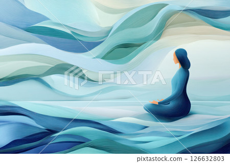 Serene woman meditating in a tranquil abstract landscape with flowing waves of blue and green, embodying peace and mindfulness in a calming environment 126632803