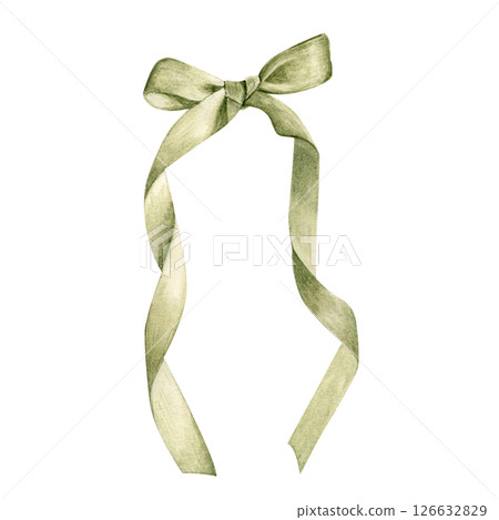 Elegant green bow ribbon with flowing tails watercolor isolated on white. Hand-painted ideal for gift shop branding, wedding stationery, fashion tags, charity packaging, romantic graphic design Elegant green bow ribbon with flowing tails watercolor isolated on white. Hand-painted ideal for gift shop branding, wedding stationery, fashion tags, charity packaging, romantic graphic design 126632829