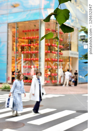 People crossing the crosswalk in front of a fashionable shop on Ginza Namiki Street People crossing the crosswalk in front of a fashionable shop on Ginza Namiki Street 126632847