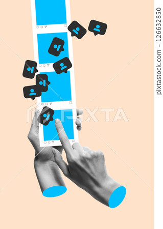 Scrolling Spiral. Hands endlessly swipe down through vertical feed while follower icons fall from screen. Surreal digital collage 126632850