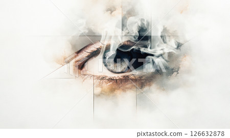 Surreal close-up of eye emerging from mist, symbolizing vision, clarity, and hidden truths, metaphor of blind legal spot or regulatory gap 126632878