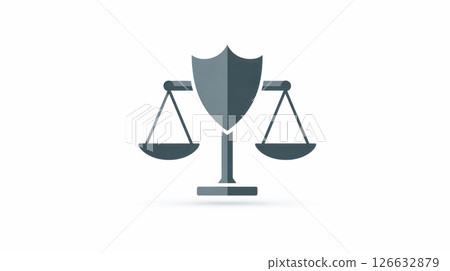 Scales of justice icon with shield symbolizing law and order, representing fairness, balance, and legal protection in a minimalist design 126632879