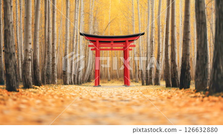 Vibrant red torii gate stands amidst golden autumn trees, creating a serene pathway through a tranquil forest landscape filled with fallen leaves Vibrant red torii gate stands amidst golden autumn trees, creating a serene pathway through a tranquil forest landscape filled with fallen leaves 126632880