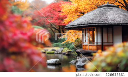 Tranquil Japanese garden scene featuring traditional wooden tea house surrounded by vibrant autumn foliage and serene water reflections 126632881