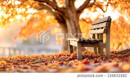 Wooden bench surrounded by vibrant autumn leaves under a golden tree, creating a serene atmosphere for relaxation and reflection in nature 126632882