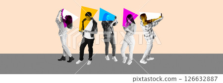 Swipe Culture. Group of people swiping on their phones while heads are replaced with colored geometric shapes. Modern art design 126632887
