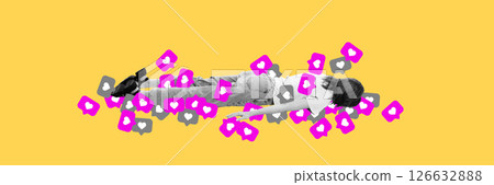 Like Overdose. Young woman lies exhausted on floor surrounded by floating like icons in pink and grey tones. Contemporary art collage 126632888