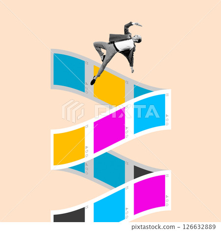 Man Falling Through Social Feed. Businessman falls through wavy stream of empty posts colored in colorful palette. Surreal art collage 126632889