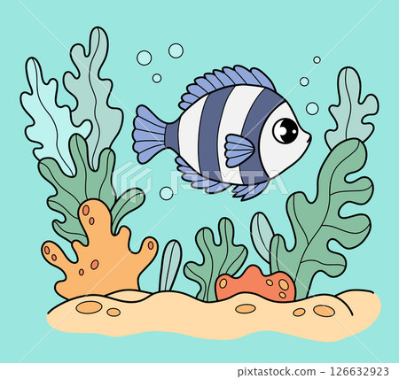 Cute Tropical striped Fish swim among seaweed on seabed. Scalary. Underwater seascape landscape. Color Hand Drawing. Vector illustration. Kids collection Cute Tropical striped Fish swim among seaweed on seabed. Scalary. Underwater seascape landscape. Color Hand Drawing. Vector illustration. Kids collection 126632923