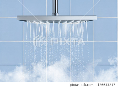 Shower head Providing Elegant Water Flow in soft blue bathroom 126633247
