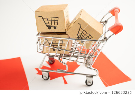 Canada shopping, Shopping cart box on Venezuala flag, import export, finance commerce. Canada shopping, Shopping cart box on Venezuala flag, import export, finance commerce. 126633285
