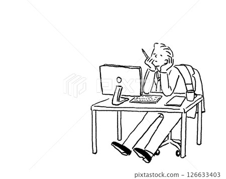 A young man in a suit sitting at a desk in the office, line drawing 126633403