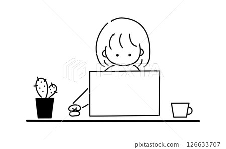 A simple line drawing of a woman doing research on a computer A simple line drawing of a woman doing research on a computer 126633707