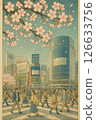 透過櫻花看到的春天澀谷十字路口的浮世繪風格 126633756