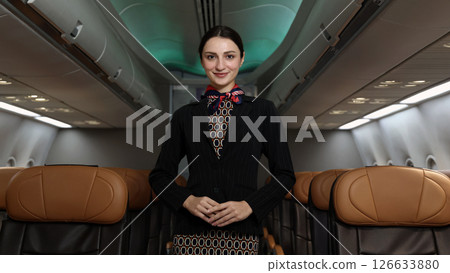 Flight attendant or Air Hostess. A friendly flight attendant stand confidently inside an airplane cabin. Professional hospitality and elegant uniform. Aviation service travel airline Flight attendant. 126633880