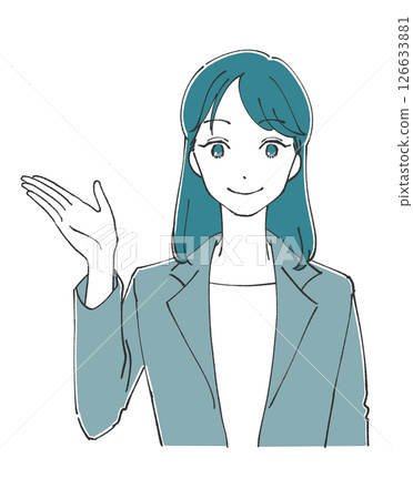 A woman in a suit guiding with her palm, hand-drawn style 126633881