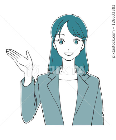 A woman in a suit guiding with her palm, hand-drawn style 126633883
