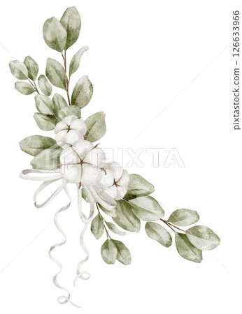 Watercolor composition with soft Cotton pods, Eucalyptus branches, and white ribbon. Botanical drawing for greeting card corners, baby shower decor and wedding invitations. Floral art. 126633966